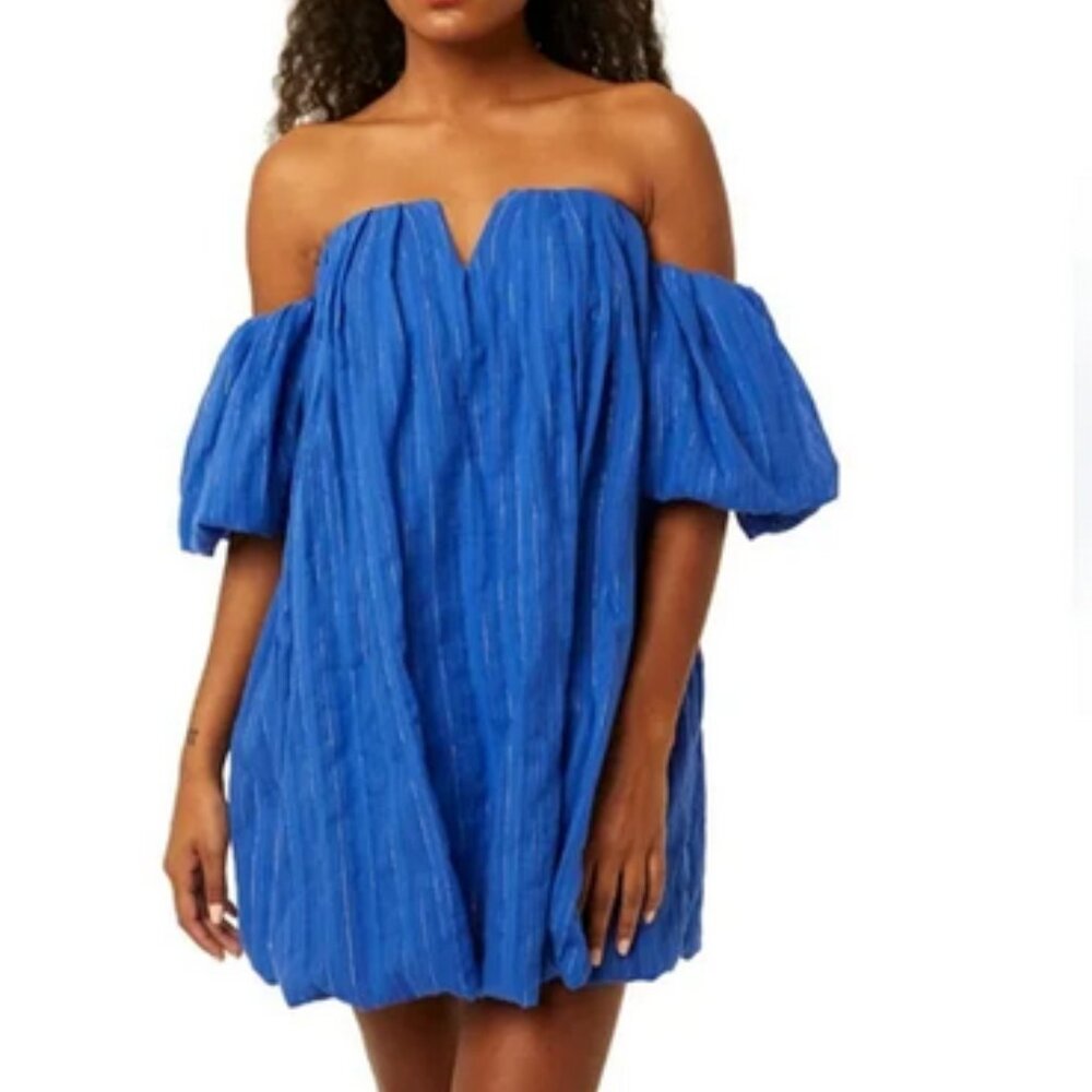 MISA blue Cosima off-shoulder mini dress, Medium.
